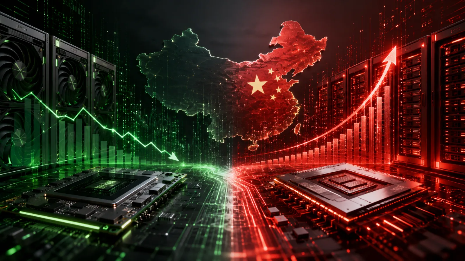 Nvidia ve Huawei arasında Çin yapay zeka çipi pazarındaki rekabeti simgeleyen çip görseli