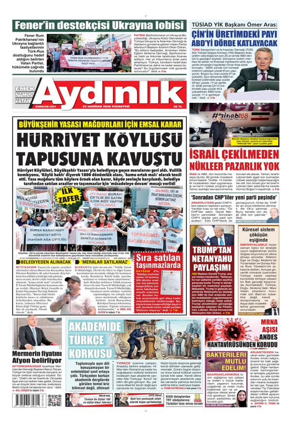 Aydınlık Gazetesi gazetesi ön sayfası