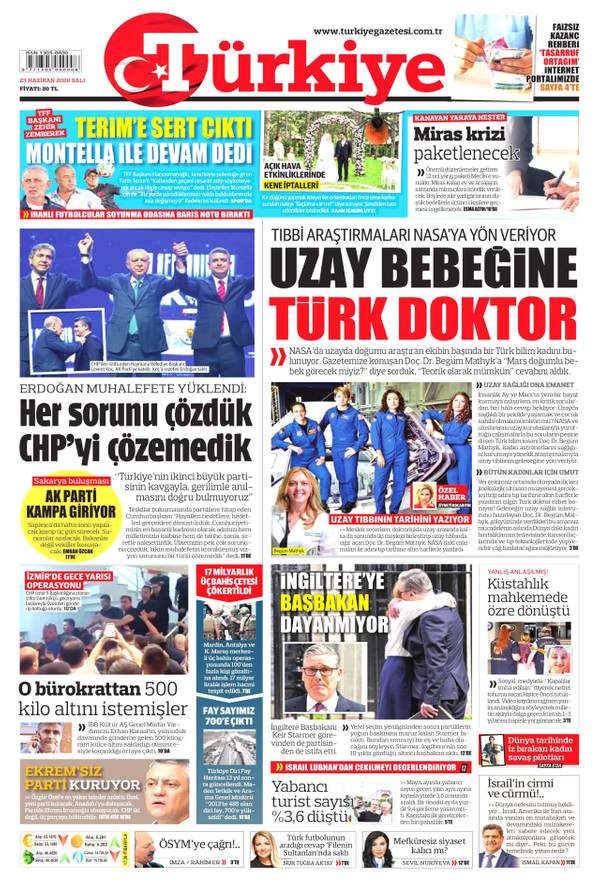 Türkiye Gazetesi gazetesi ön sayfası