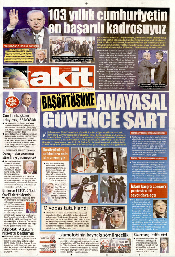 Yeni Akit gazetesi ön sayfası