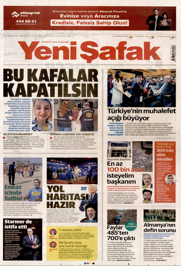 Yeni Şafak gazetesi ön sayfası