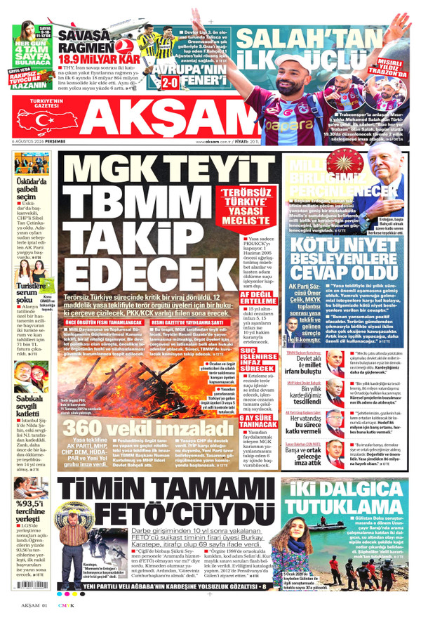 Akşam gazetesi ön sayfası