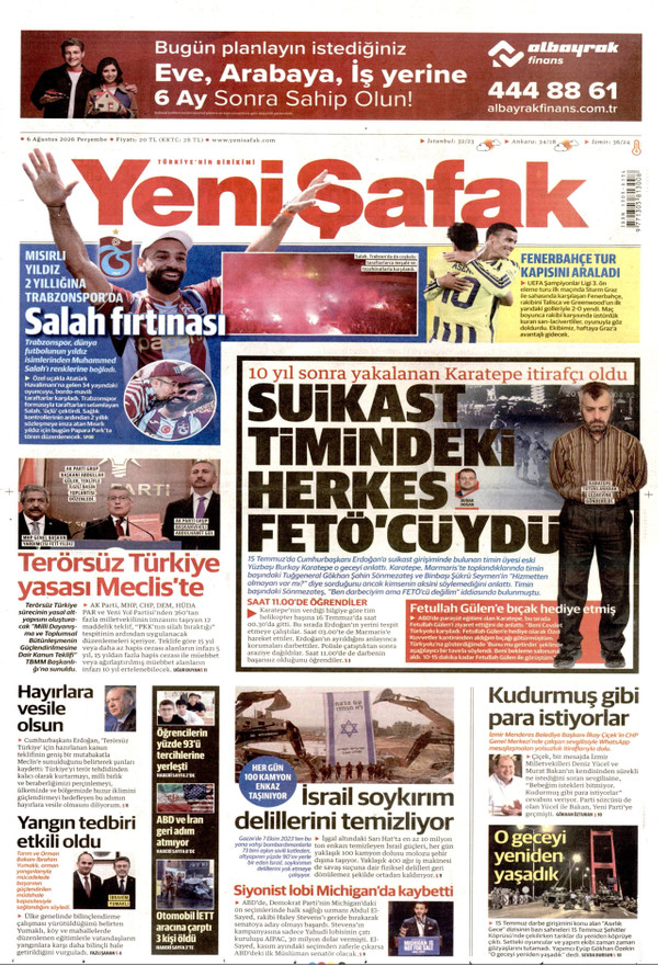 Yeni Şafak gazetesi ön sayfası