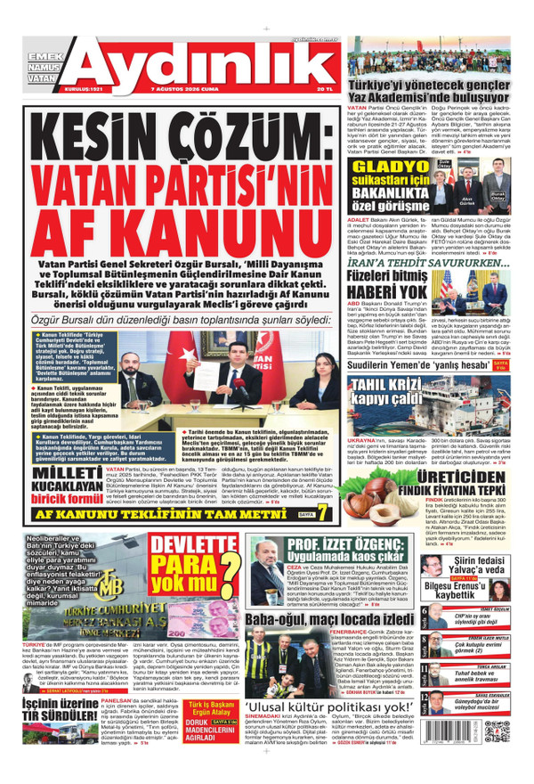 Aydınlık Gazetesi gazetesi ön sayfası