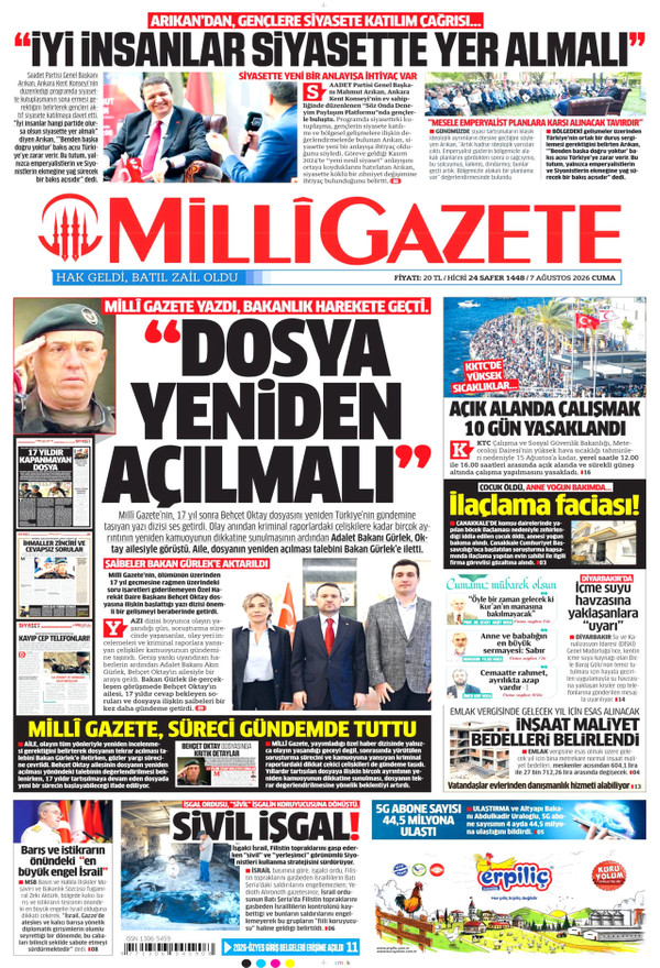 Milli Gazete gazetesi ön sayfası