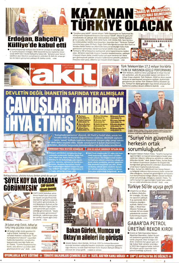 Yeni Akit gazetesi ön sayfası