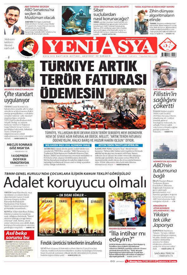 Yeni Asya gazetesi ön sayfası