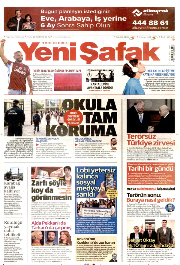 Yeni Şafak gazetesi ön sayfası