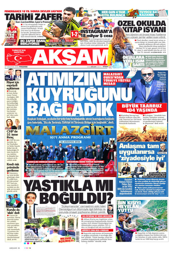 Akşam gazetesi ön sayfası