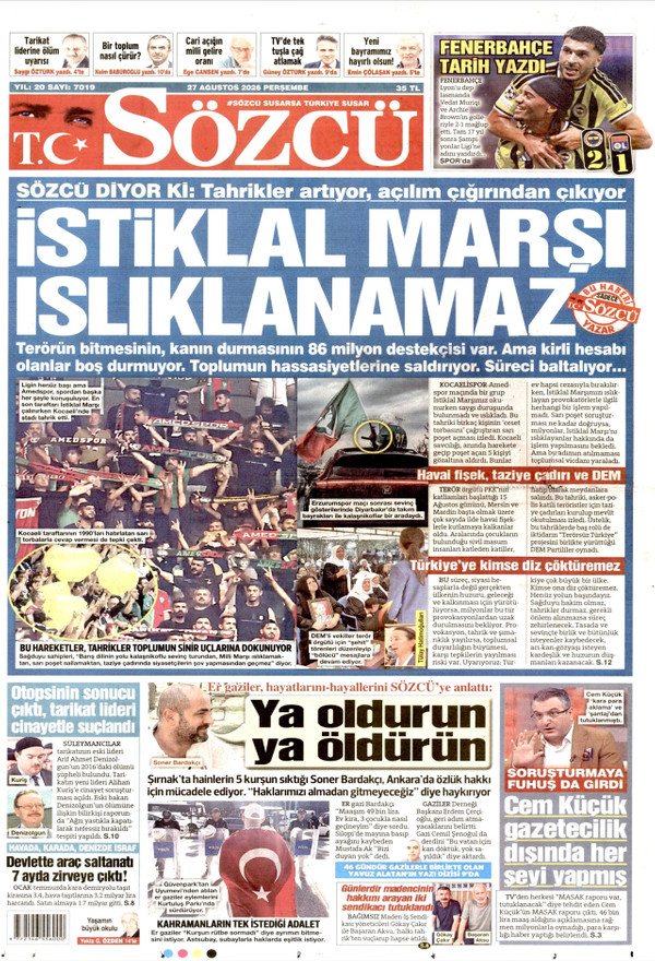 Sözcü gazetesi ön sayfası