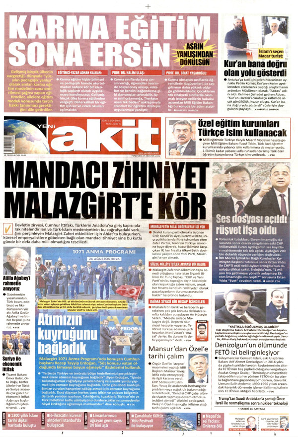 Yeni Akit gazetesi ön sayfası