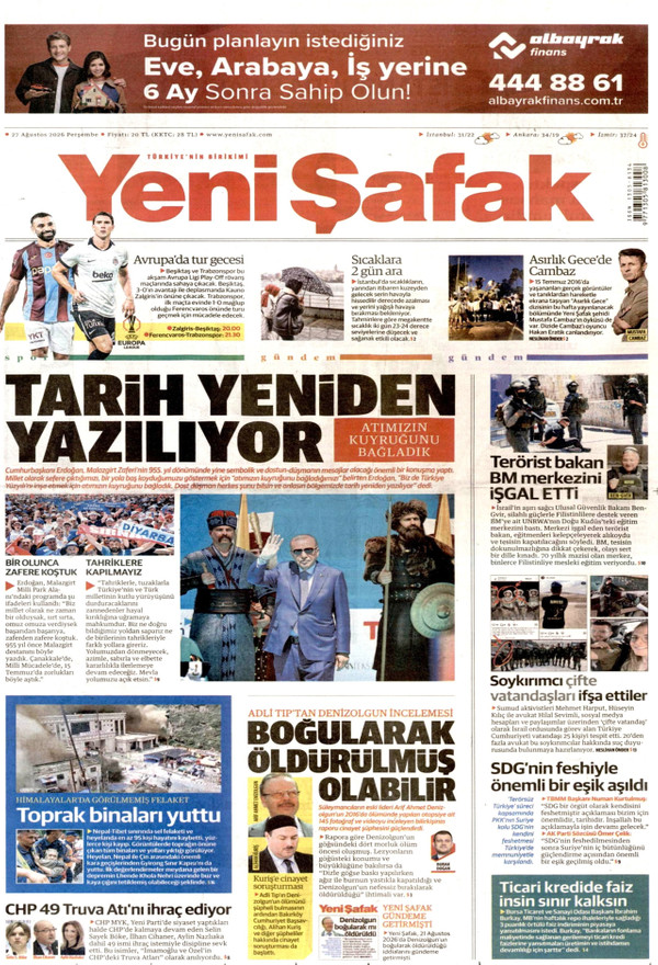 Yeni Şafak gazetesi ön sayfası