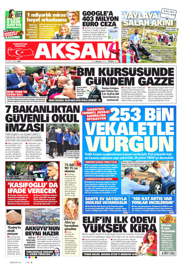 Akşam gazetesi ön sayfası