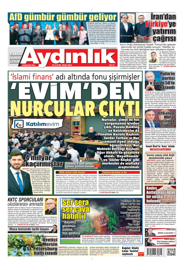 Aydınlık Gazetesi gazetesi ön sayfası