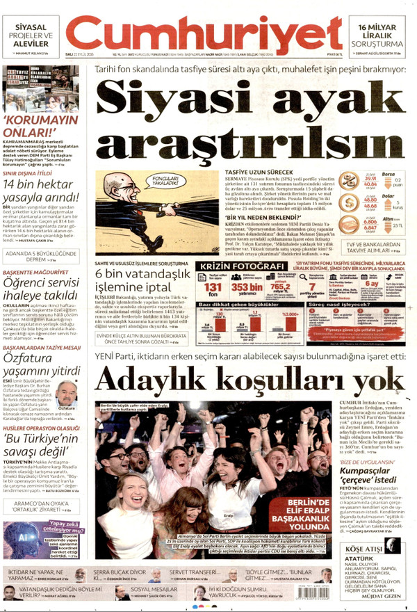 Cumhuriyet gazetesi ön sayfası