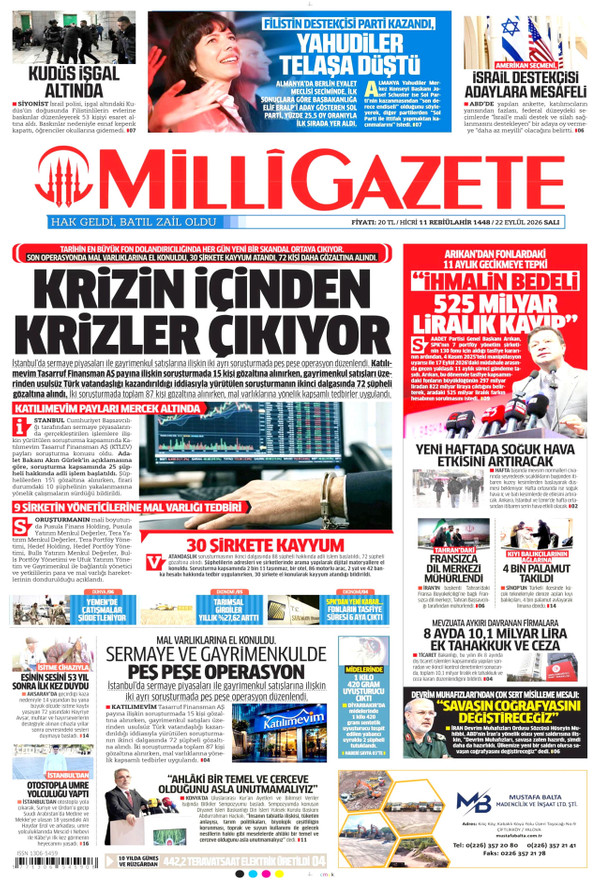 Milli Gazete gazetesi ön sayfası