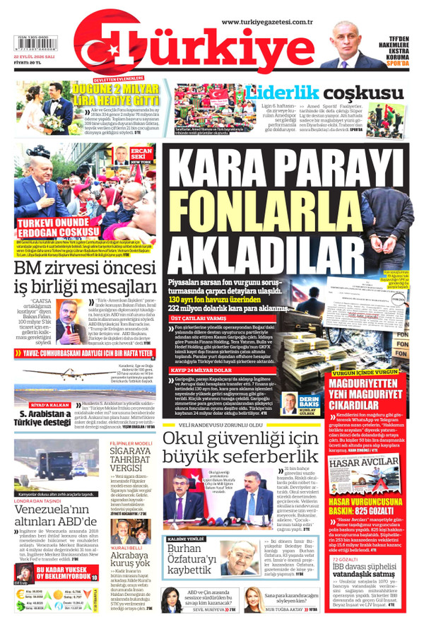 Türkiye Gazetesi gazetesi ön sayfası