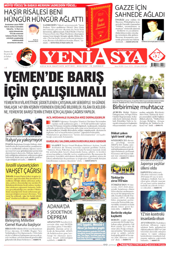 Yeni Asya gazetesi ön sayfası